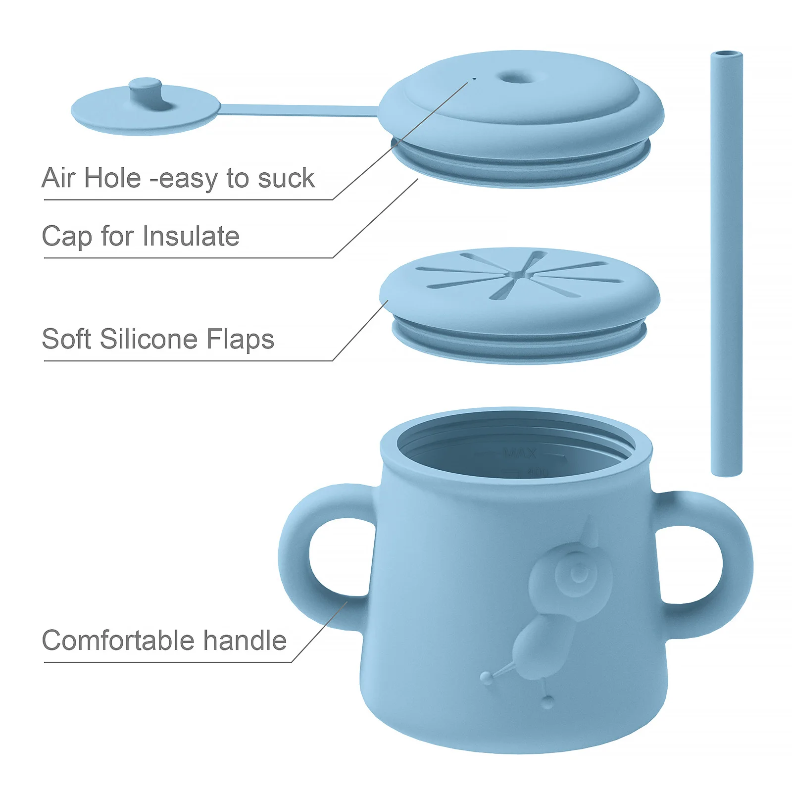 Marvelous design animal snail shape 2 in 1 sippy cup bpa free silicone baby training snack holder toddler sippy cup