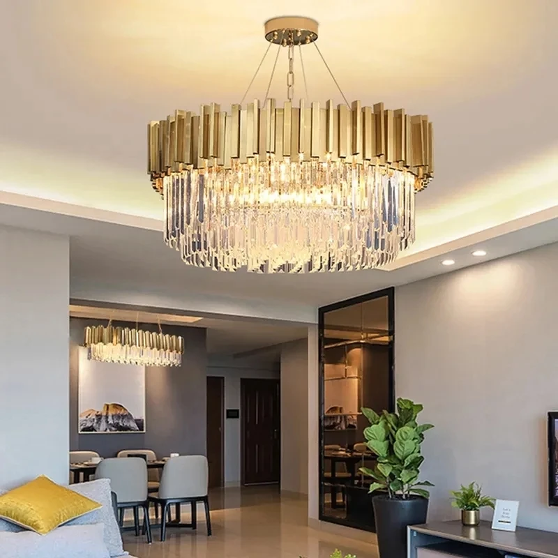 Modern Nordic Custom Living Room Decor High Ceiling Gold Luxury Pendant Lights LED K9 Crystal Chandelier
