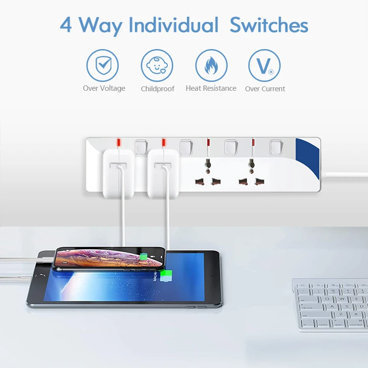 New Model 4 outlets Power Strip Universal Power Strip Overload Protector Extension Cord with Multi Outlet extender