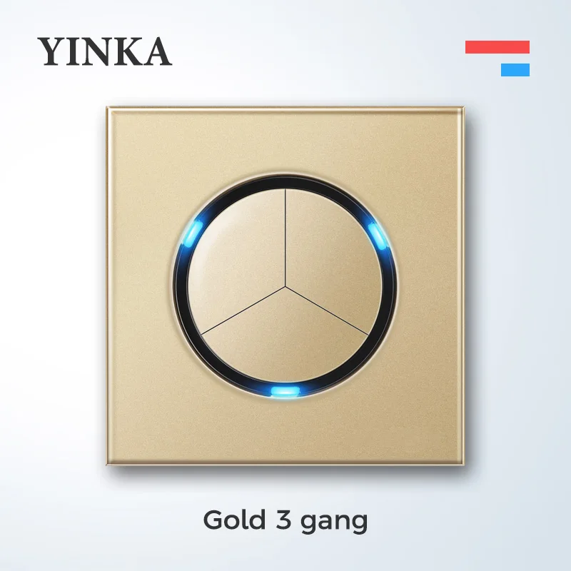 YINKA Universal Round Tempered Glass Home Wall Switch Panel LED Indicator Black Grey Gold White 250V 16A Wall Key Switch