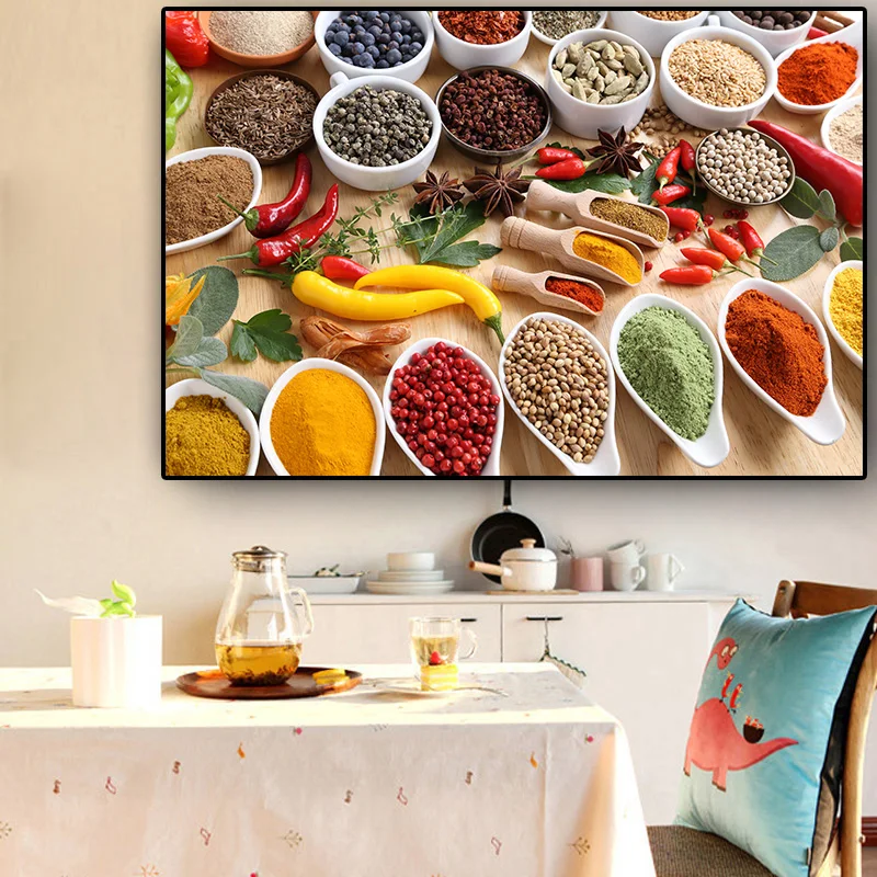 Grains Spices Spoon Peppers Kitchen Canvas Painting Wall Art Pictures Painting Wall Art for Living Room Home Decor