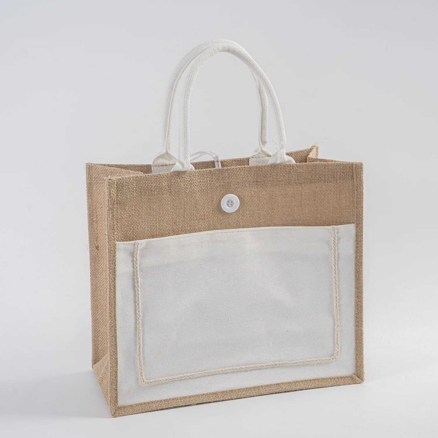 Eco-Friendly Jute Bag Custom Coated Linen Shopping Bag Beach Canvas tote bag for women With button