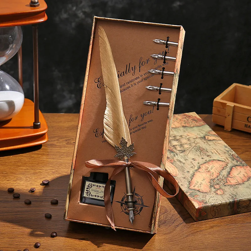 New European Style Retro Dip Pen British Student Dip Metal Fountain Pen Birthday Gift set Feather Pen