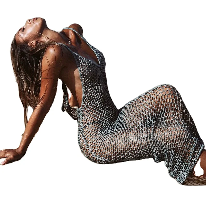 New Women Knitting Net Bikini Cover Up Backless Beachwear Sexy Beach Hollow Out Long Beach Dress