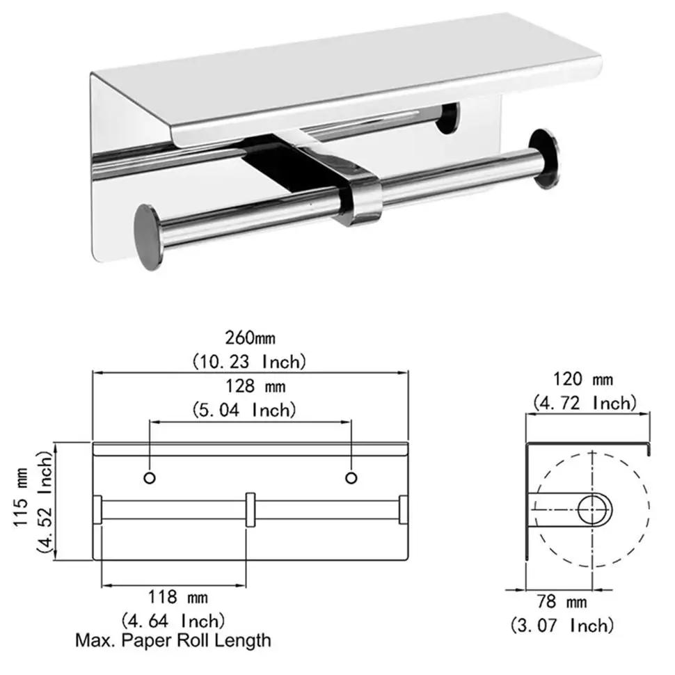 304 Stainless Steel Wall Mounted Bathroom Tissue Holder Double Toilet Paper Holder With Mobile Phone Storage Shelf