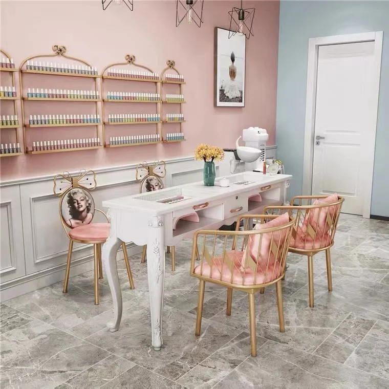 Wholesale Modern Pink Manicure Station Manicure Table And Chairs Metal Nail Bar Table