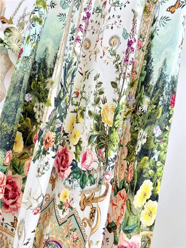 100%Silk Long Dress 2024 Summer Luxury Women Colorful Floral Print Beading Deco Sleeveless Casual Floor Length Dress Beach Maxi