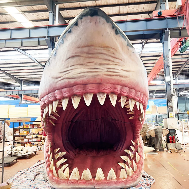 Life Size Animated Animal Animatronic 3D Shark Head Megalodon Model In Amusement Park Decoration