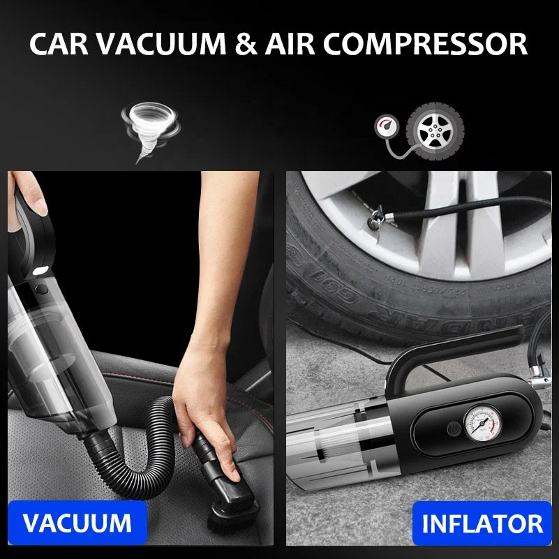 4-IN-1 Portable Car Vacuum Cleaner with Air Compressor Pump DC 12V Tire Inflator for Cars, Handheld Car Vaccum with LED Light