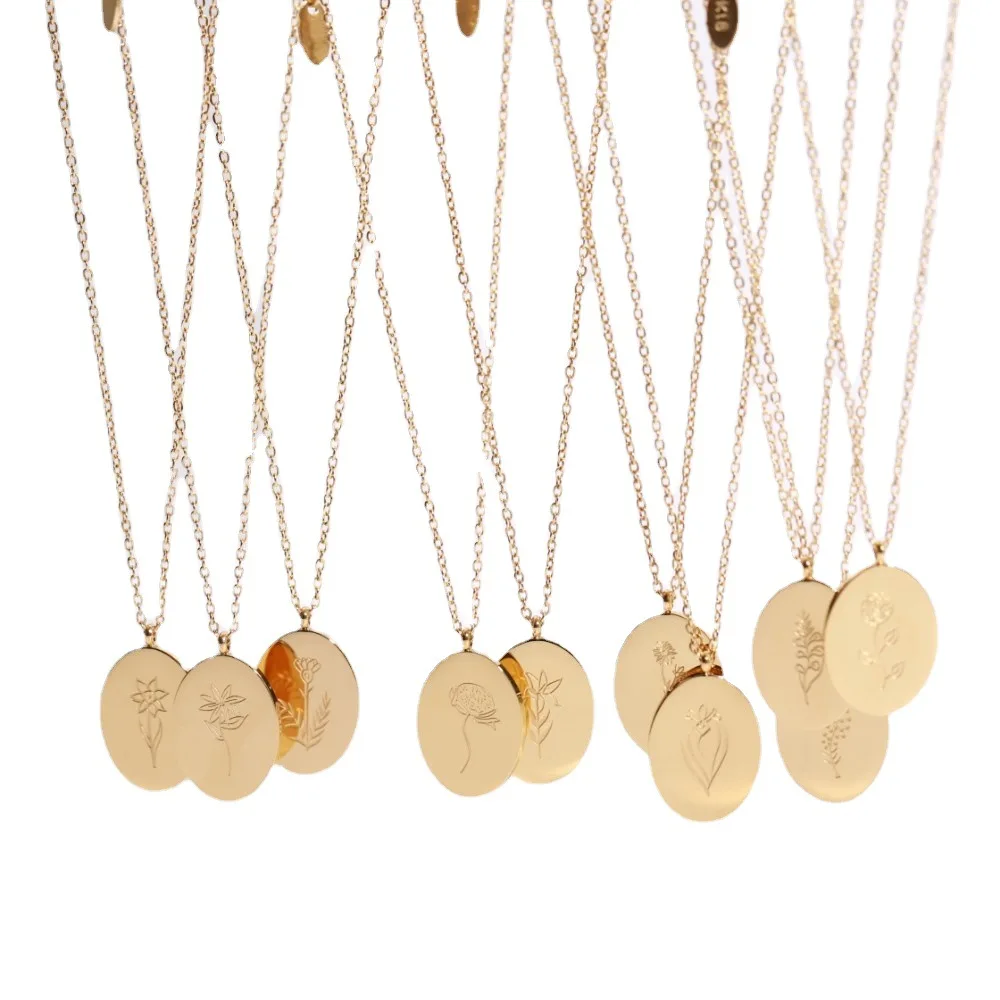 2022 Fashion Jewelry Real Gold Plated 316L Stainless Steel Embossed Flower Oval Pendant Necklace 12 Month Birth Flower necklace