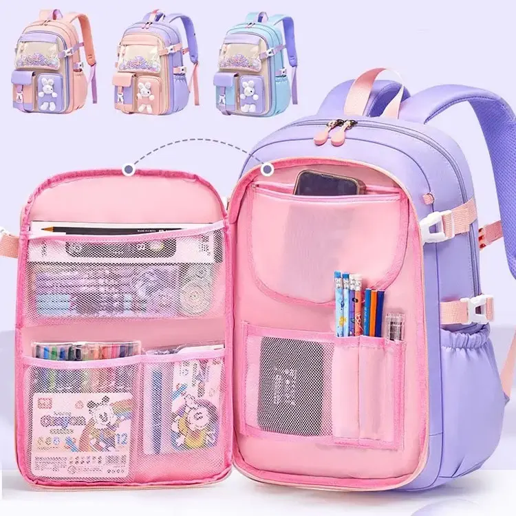 wholesale new colourful cartoon themed polyester fabric child kids large capacity luxury primary school bag