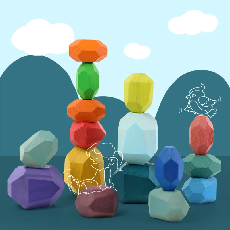 Разноцветные деревянные штабелируемые камни YH, игрушки для малышей, балансирующие блоки, деревянные камни, дошкольные игрушки Монтессори, деревянные блочные игрушки