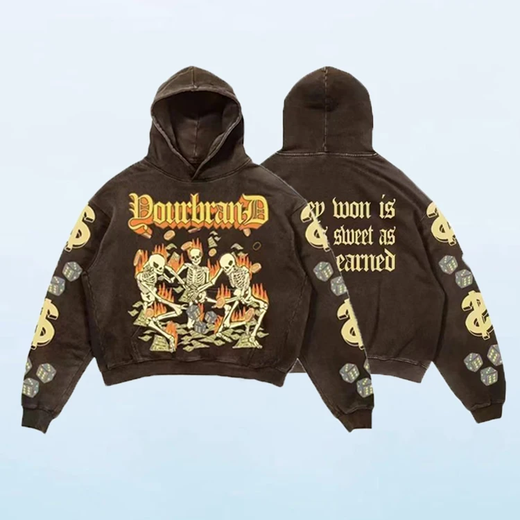 huili wholesale 400gsm 100% cotton Y2K vintage hoodie men Halloween skull print hoodies custom logo stone wash hoodie