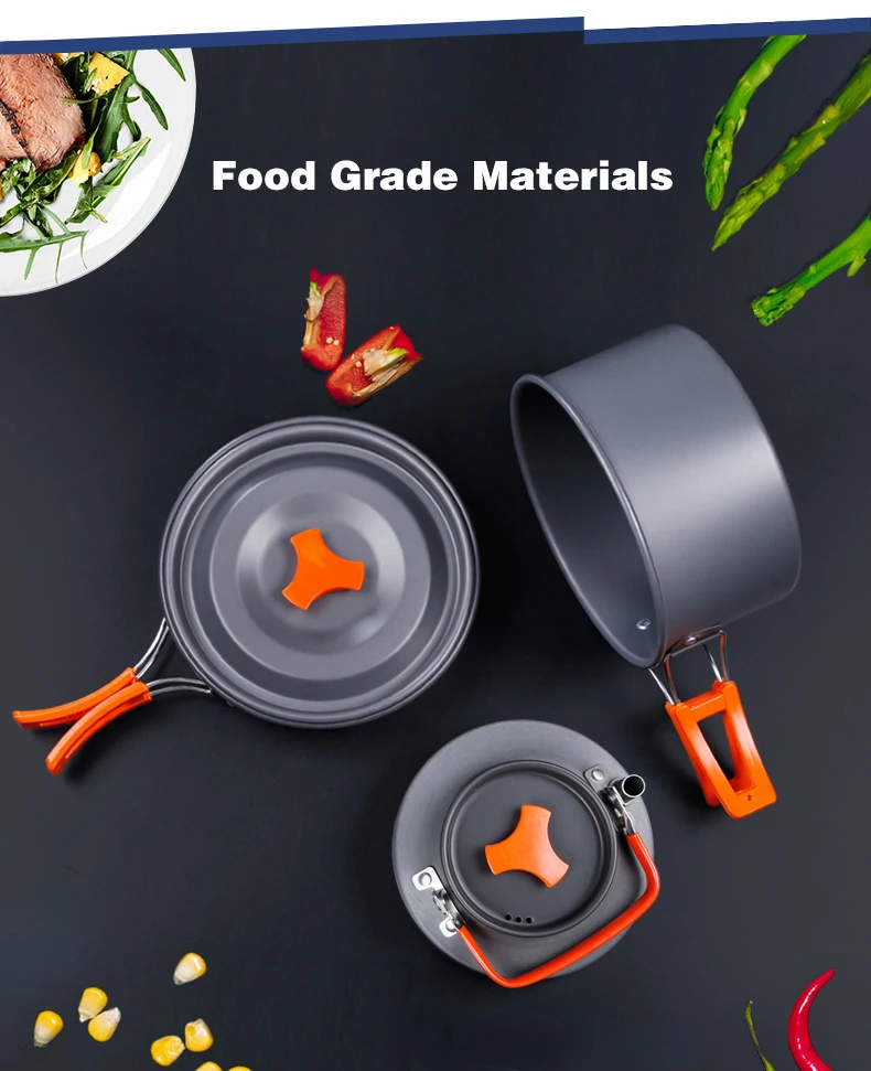 Hiking Equipment Mess Kit Lightweight Cook Pot Pan Kettle Nonstick Folding Aluminium Camping Cookware Set