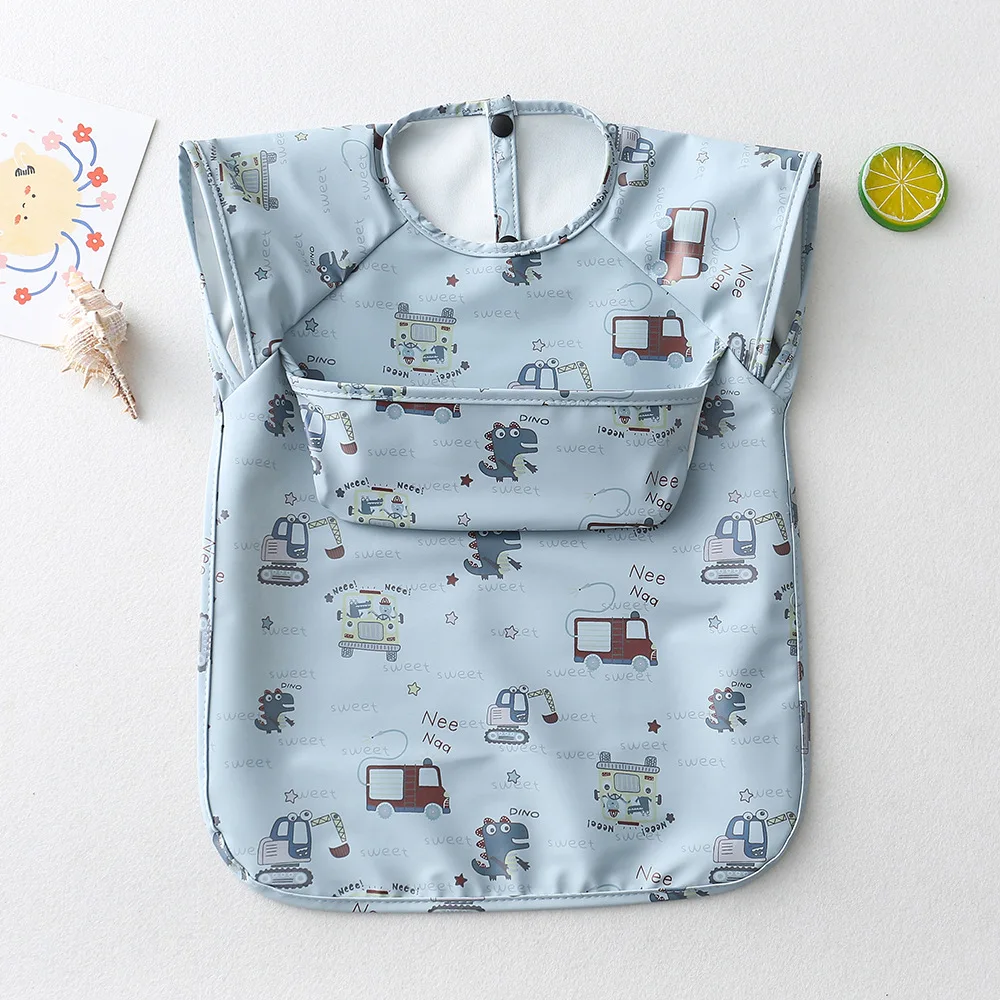 TikTOK Custom Printed Solid Baby Bib Waterproof Solid Print PU Feeding Bib with Pocket short Sleeve Child Apron Smock