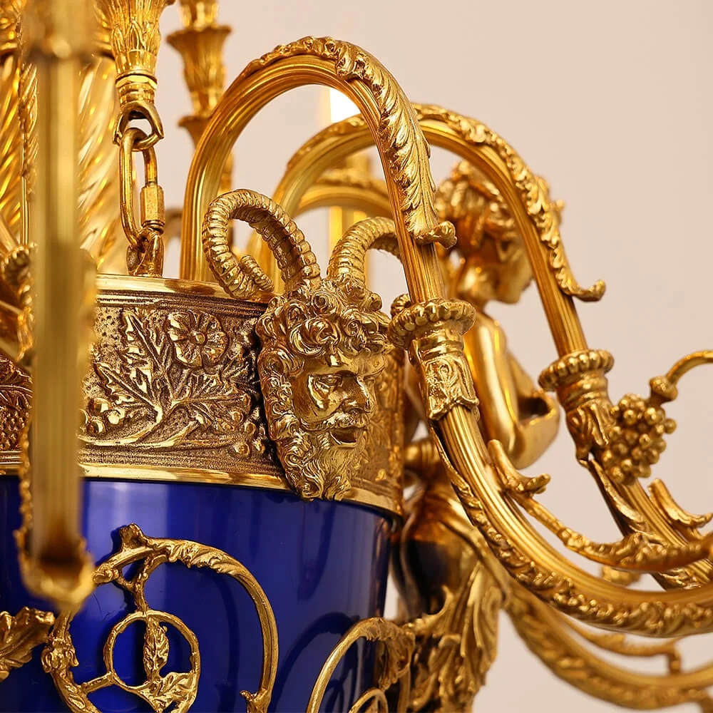 Vintage Rococo Bronze Chandelier Villa Living Room Blue Porcelain Chandelier