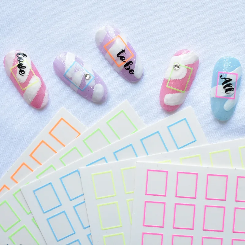 JOYFUL 3D Fluorescence Colorful Square Design Nail Decals Adhesive Nail Art Stickers Decorations