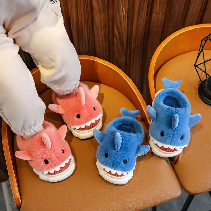 2022 Shark Slippers Children Winter 6 To 12 Years Old Thick Bottom Non-slip Cartoon Little Boy Home Girl Boy Cotton Slippers