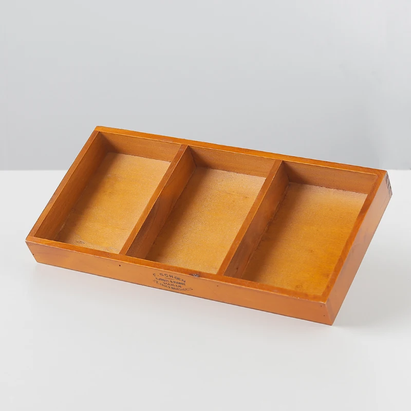 Ready to ship wholesale retro style 3 grid wooden pallet home office desktop sundries organizer storage box trays for serving