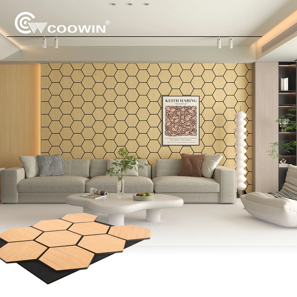 Environmental Protection MDF Wooden Slat Felt Acoustic Wood Sheet Panels Polyester Fiber Hexagon Wall Panels