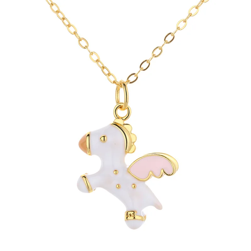 Fashion Jewelry S925 Sterling Silver Drop glue Flying pony Necklace INS Style Cute Twelve Zodiac Signs Pendant Kids Necklace