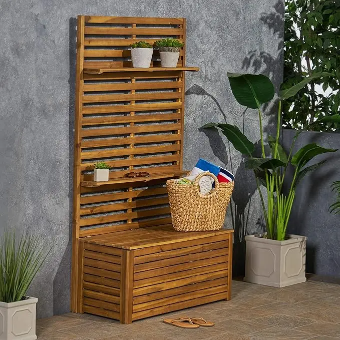 Outdoor wooden hall tree with teak veneer