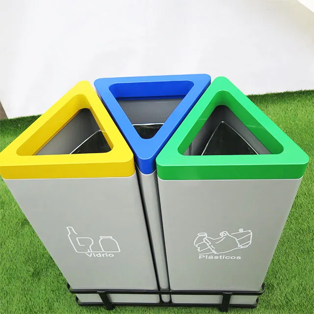 High Quality Stainless Steel Trash Can 3 Containers Metal Dustbin Commercial Garbage Waste