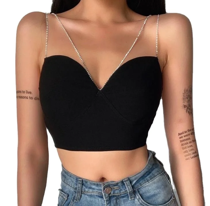 Zm11686f Модный женский сексуальный топ с v-образным вырезом и тонкими лямками, женский черный укороченный Топ без бретелек