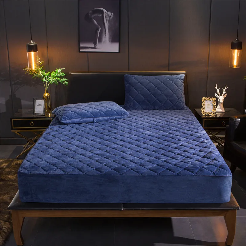 Short Plush Thicken Quilted Mattress Cover Queen Single Customized Bed Soft Warm Quilting Fitted Sheet