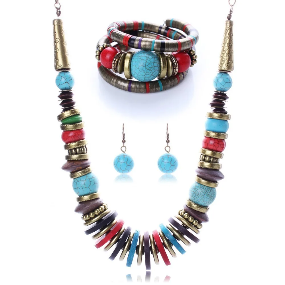 Factory Direct Bohemian Vintage Beads Turquoise Multi-layer Bracelet Necklace Earrings Three Jewelry Set Wholesale