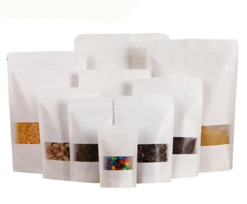 Оптовая продажа, различные размеры, однотонная белая крафт-бумага, пищевой класс, стоячий мешочек, пакет на молнии с прозрачным окошком