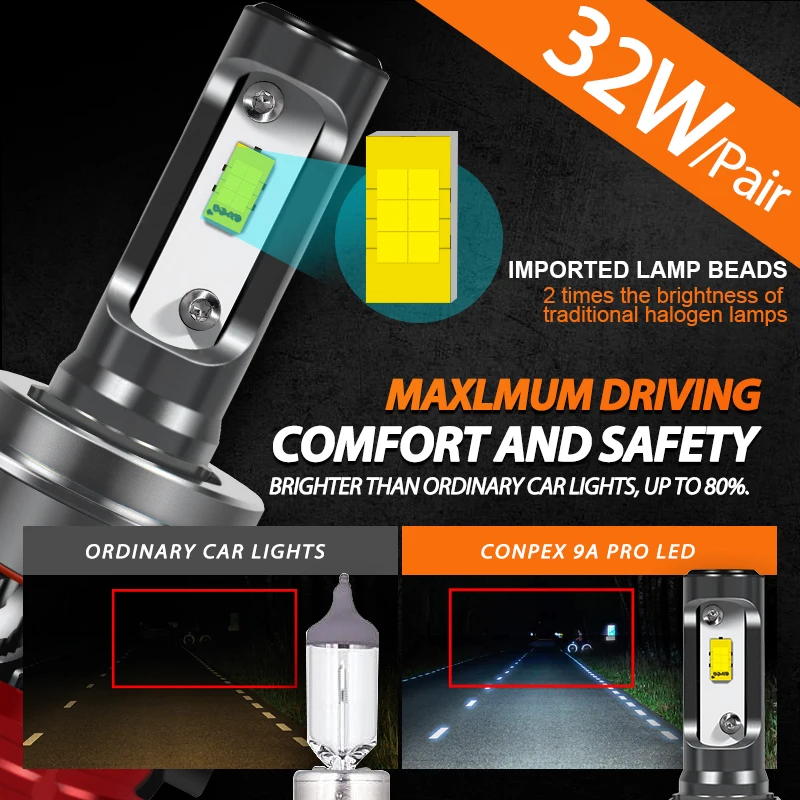 Conpex 9A Pro Customized 32W CSP USA Chip Universal Waterproof H7 car headlight with fan cooling Auto Led Headlight