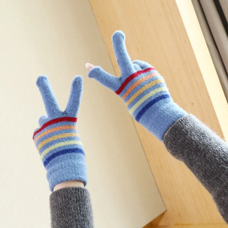 Women Winter Spring Snowy Days Holiday Gifts Outdoor Sports Rainbow Striped White Pink Blue Fluffy Warm Mittens Hand Gloves