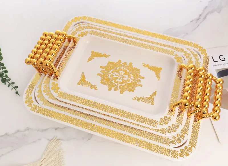 3-Piece Set Gold Borders Tray Square Luxury Arabic Tray for Tea Food Dessert Chocolate Serving Decorative Trays Home Decor