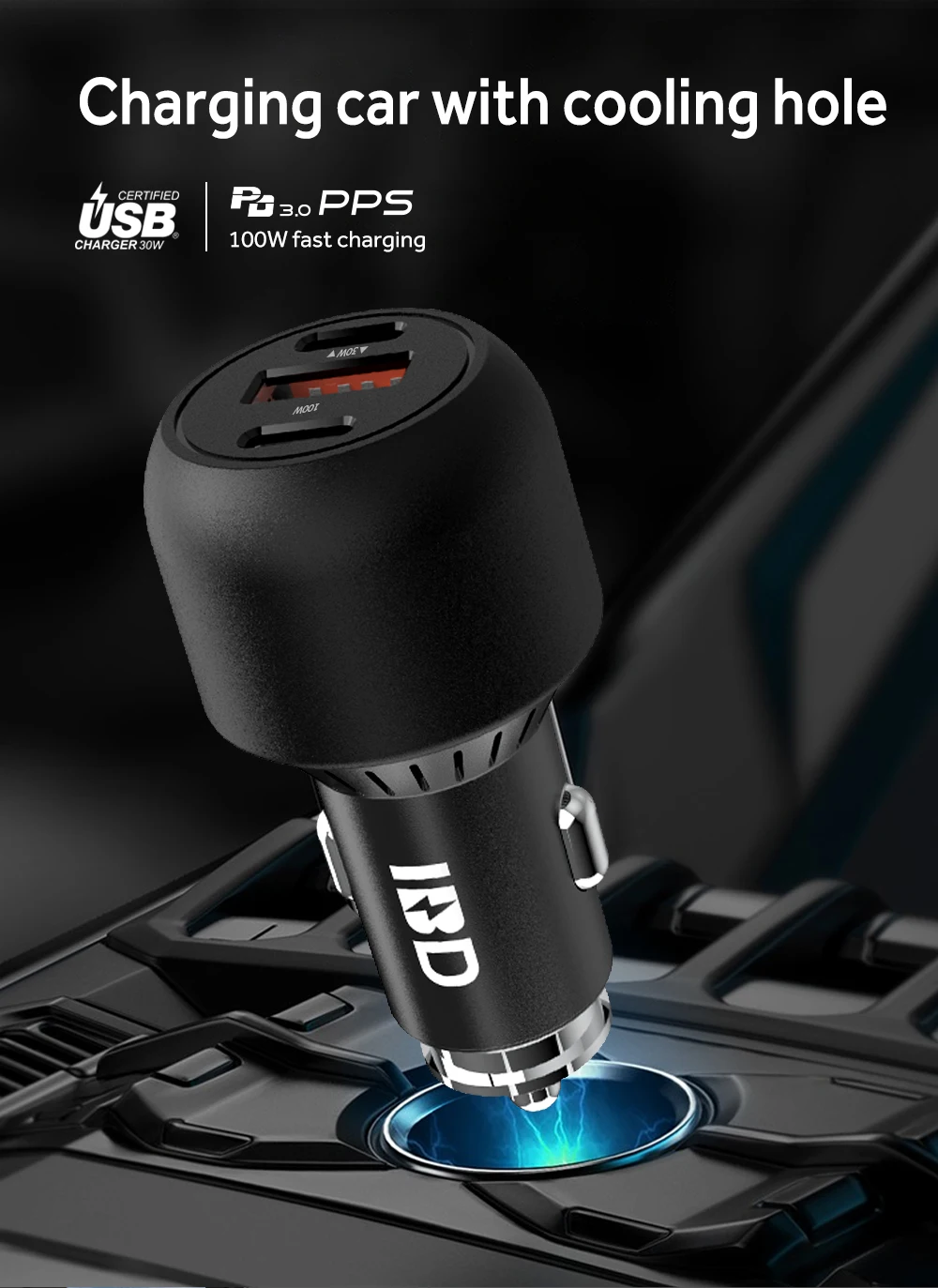 IBD 2022 New Product 100W 3 Port Car Usb Qc 3.0 Charger Fast Charging Quick Charge Type-C 3 Usb Car Charger For Phone