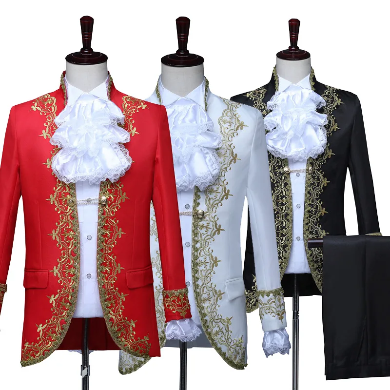 Carnival Wedding Costume Prince Bridegroom Mens Blazer Dress Suits Jabot Lace Tie For Adult Tops Jacket Coat+Pants Trouser