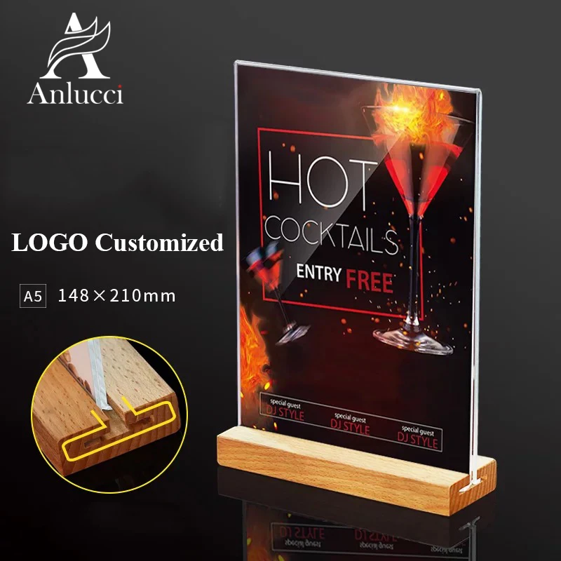 Wholesale price custom Table Sign Display Holders acrylic card display holder with wooden stands