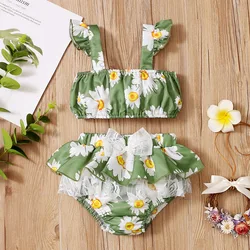 Girls autumn sleeveless flower print top+Shorts Toddler girl Clothes Kids Baby Outfits Romper Body Stripe two-piece suit