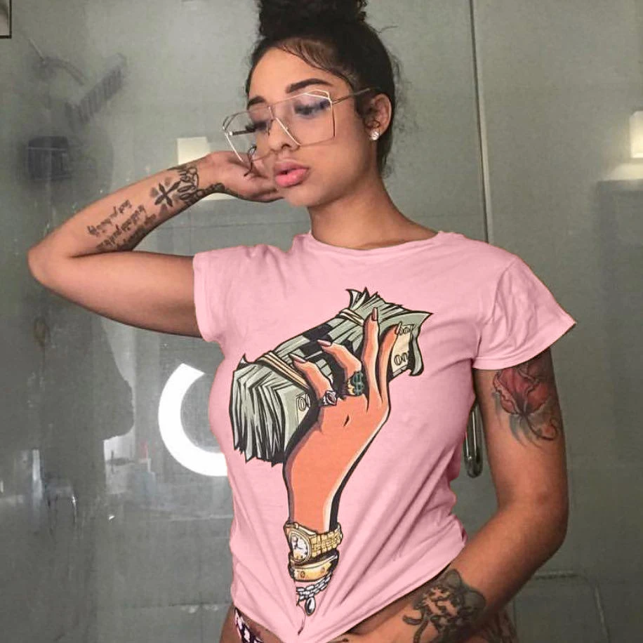 
LDS3009 2019 new Fashion simple round collar US dollar print short sleeve T-shirt 