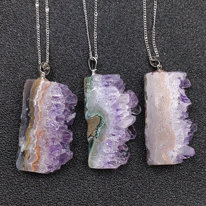 Wholesale Natural Mineral Crystal Cluster Pendant Necklace Amethyst Druzy Slice Pendant