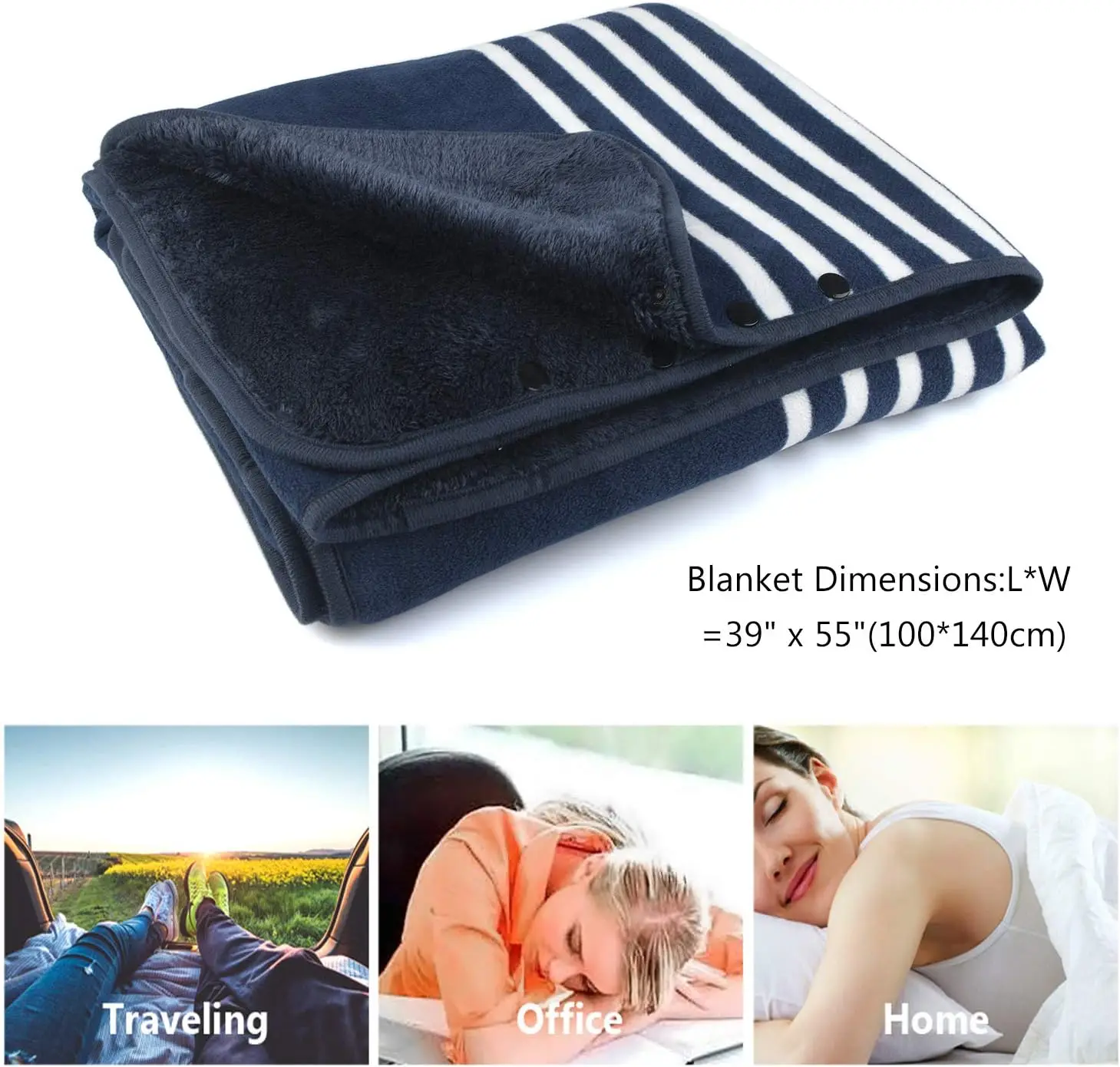 Fleece Wearable Blanket, Plaid Lap Blanket Comfy Poncho Throw with Buttons for Bed Sofa Office, Blue-White