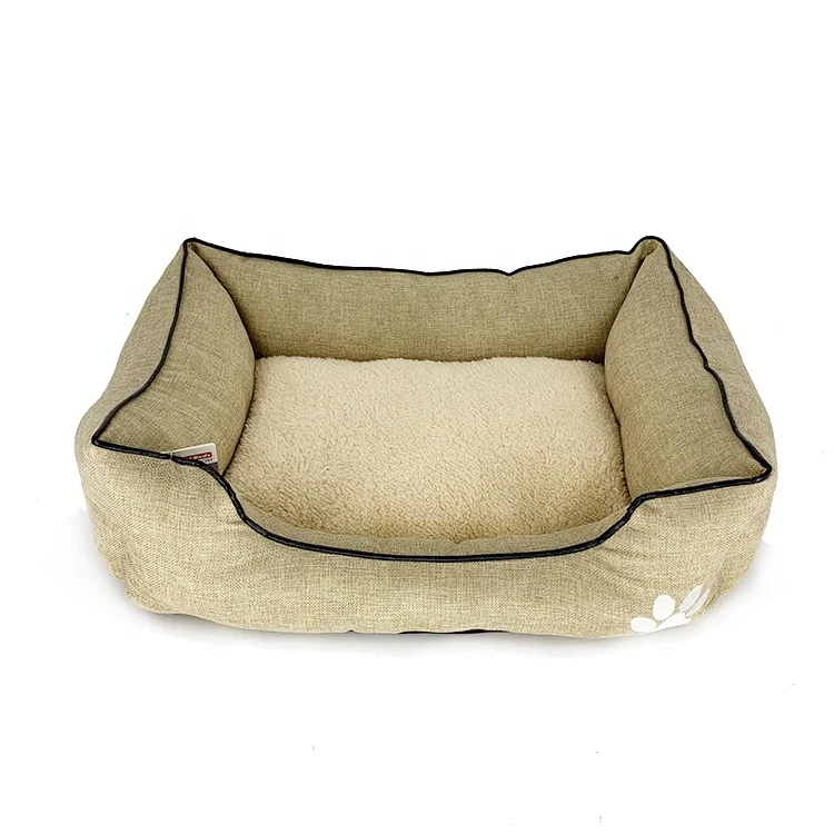 Wholesale Dog Paw Print Chew Proof Beige Heated Rectangular Luxury Pet Dog Bed