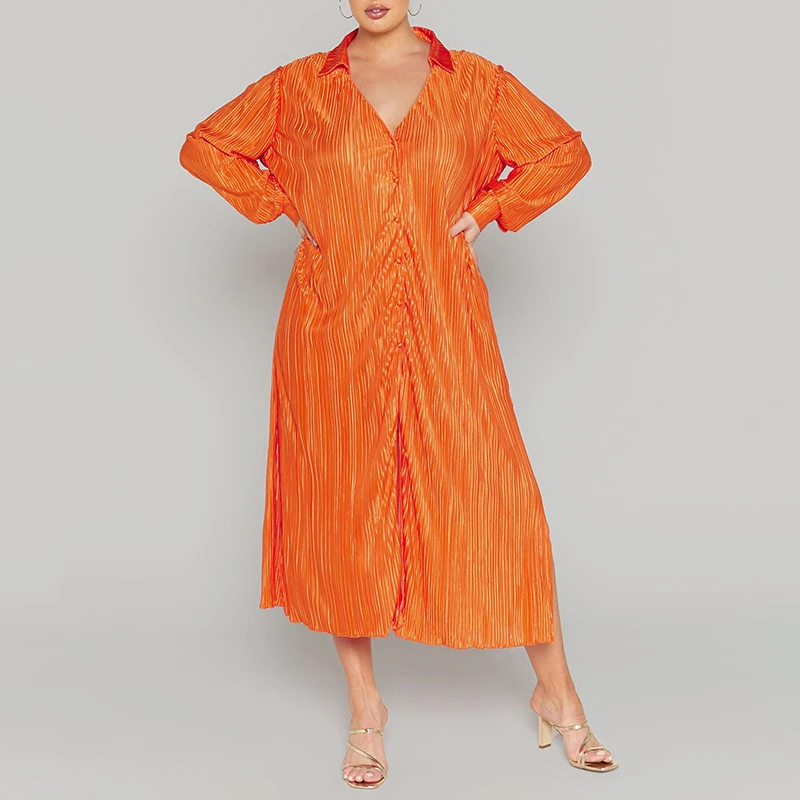 Plus Size Clothing Custom Supplier Fashion casual Ladies Elegant solid color long sleeve pleated ladies office dress with belt