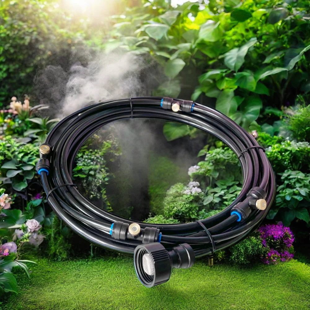 Outdoor Summer 6m Black Low-Pressure Mist Spray System with Brass Nozzle Plastic Material for Garden Trampoline Swimming Pool