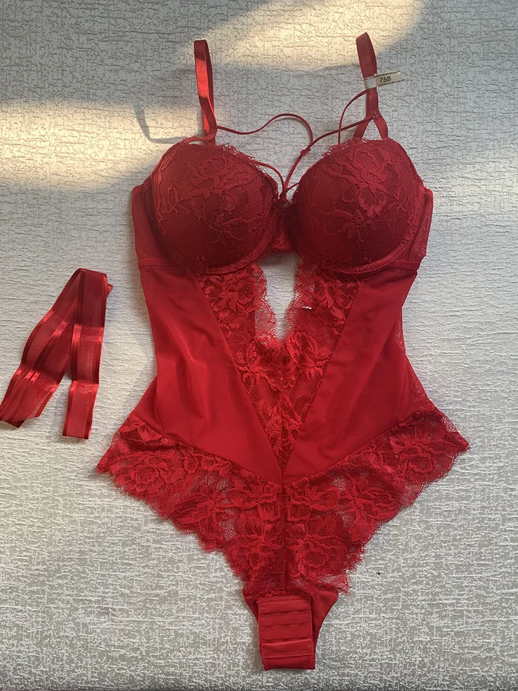 MISSADOLA High Quality Hollow Out Bow Transparent Lace Lingerie Sexy, One-piece Tight Bodysuit Sexy Lingerie Lace For Women