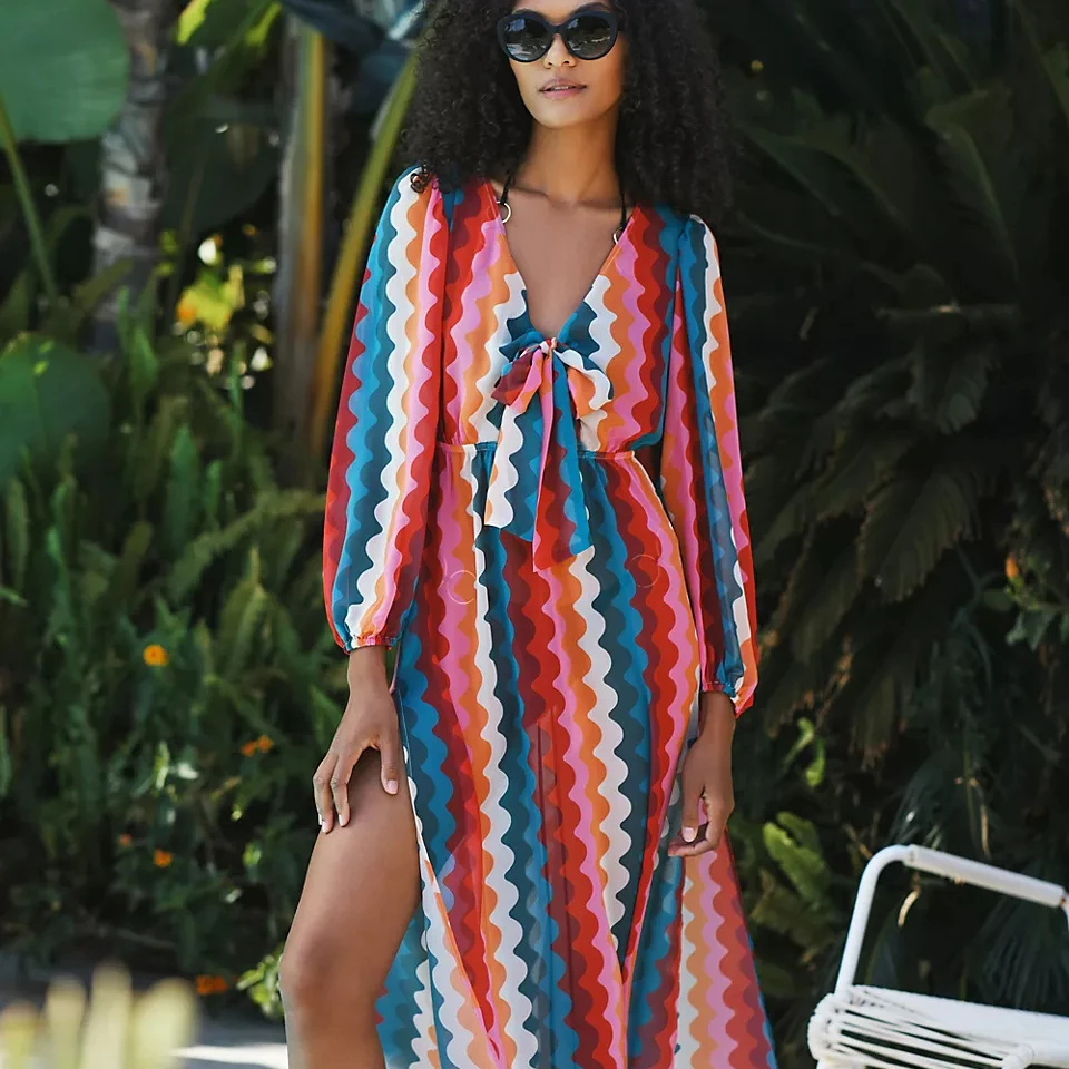 New arrive stripe bowknot beach woman dress sweat girl beachwear cover up sexy design kaftans wholesale india oem modest dress