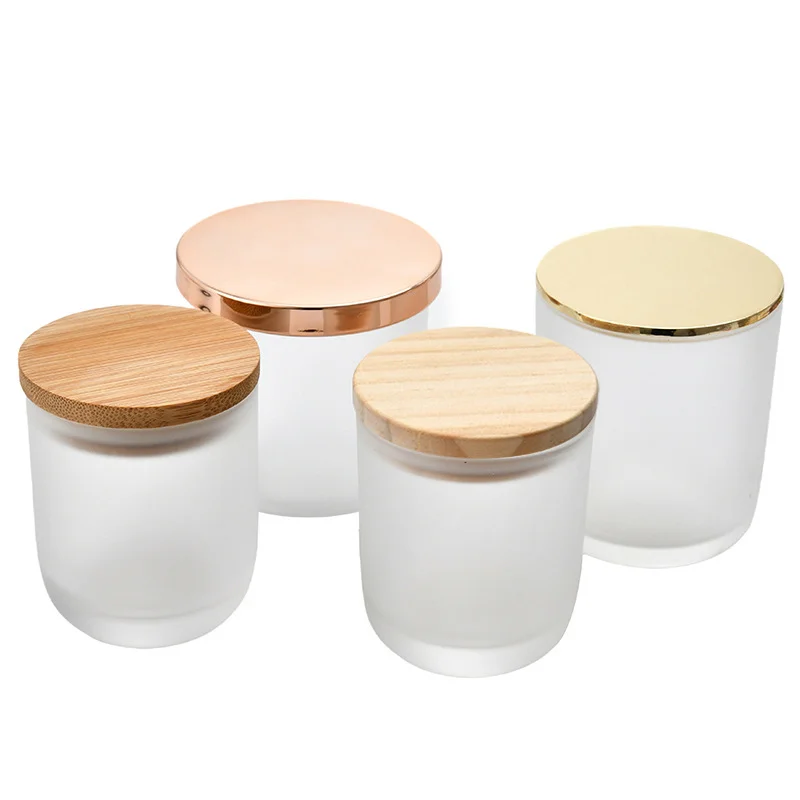 Custom luxury candle jars 10oz with wooden lid in bulk for the bar decor empty frosted glass candle vessels container holders