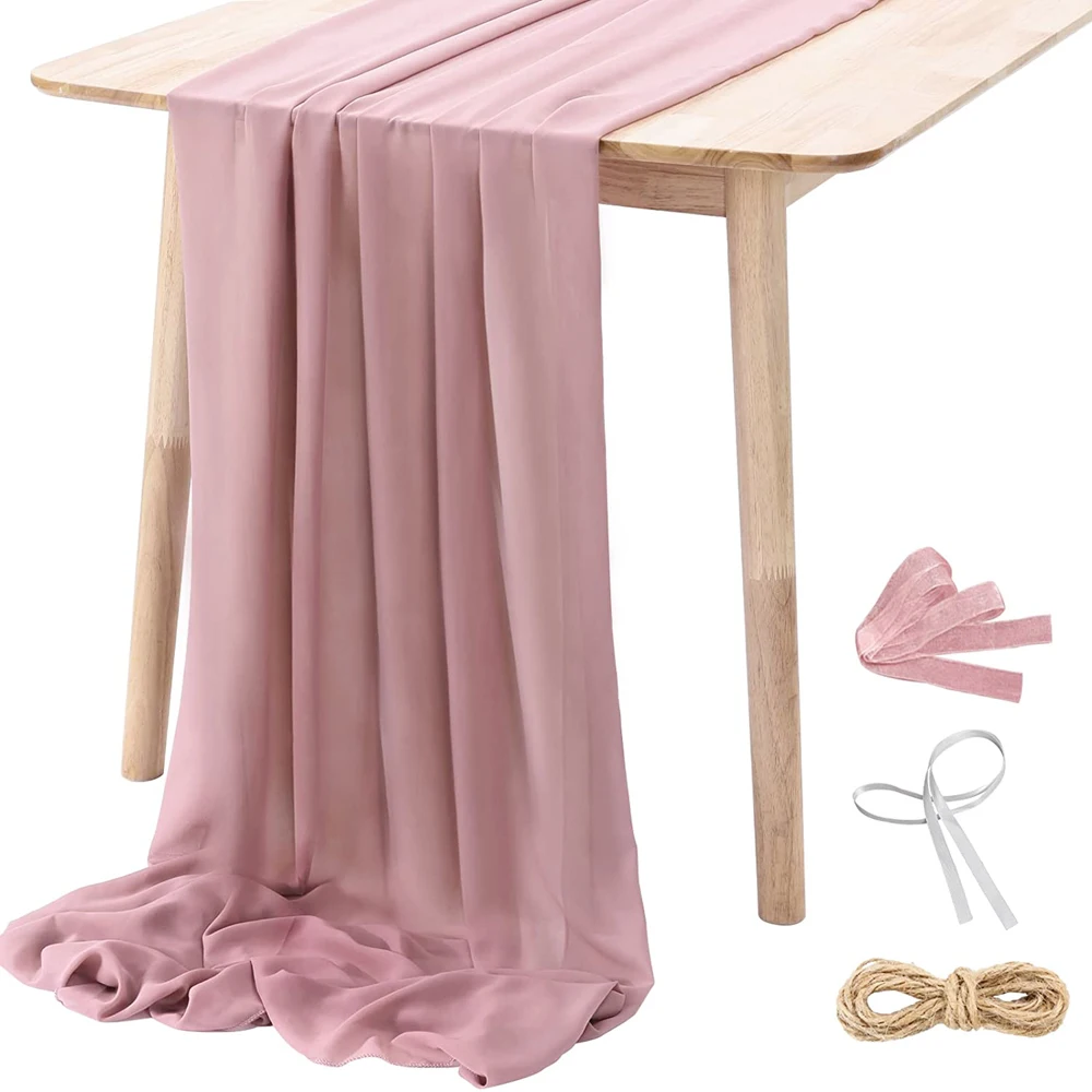 Dusty Rose Chiffon Table Runner 29x120 Inches Romantic Sheer Fabric for Wedding Birthday Party Cake Table Decorations