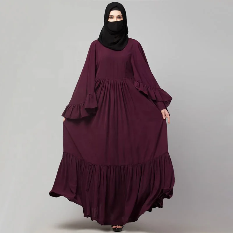 Islamic solid color muslim evening dress dubai gathers elegant satin flared sleeves muslim long dress