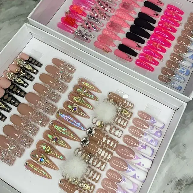 Acrylic Coffin False Nails Art Rhinestone Artificial Fingernails luxury  Fake Nails Press On Nails Wholesale